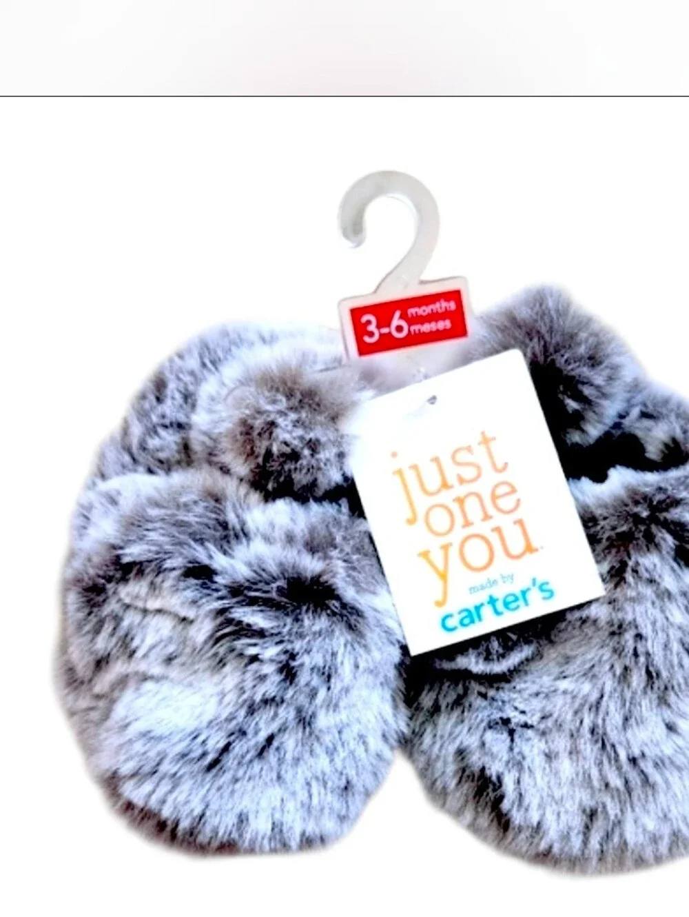 Carter's Fluffy Gray Baby Slippers Soft Faux Fur Booties 3-6 Months